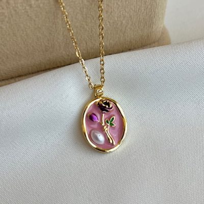 گردنبند میناکاری رز صورتی