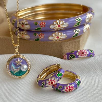 ست میناکاری بنفش گل دار