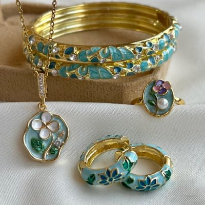 ست میناکاری ابی گل دار