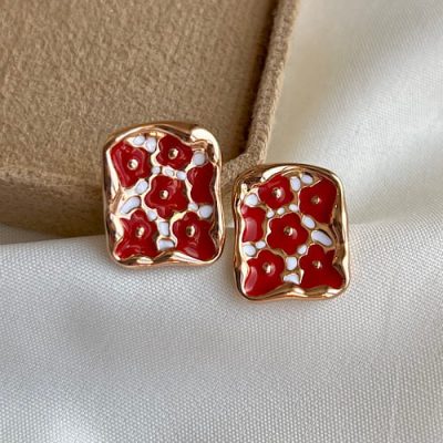 گوشواره میناکاری گل دار قرمز