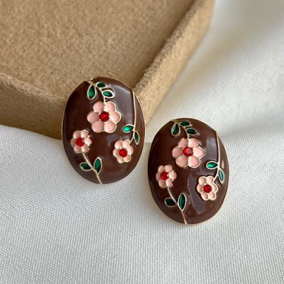 گوشواره میناکاری گلدار قهوه ای