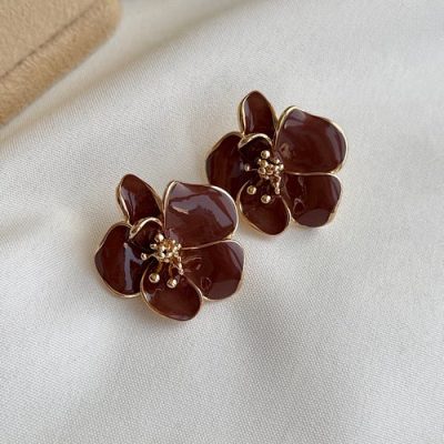 گوشواره میناکاری گل قهوه ای
